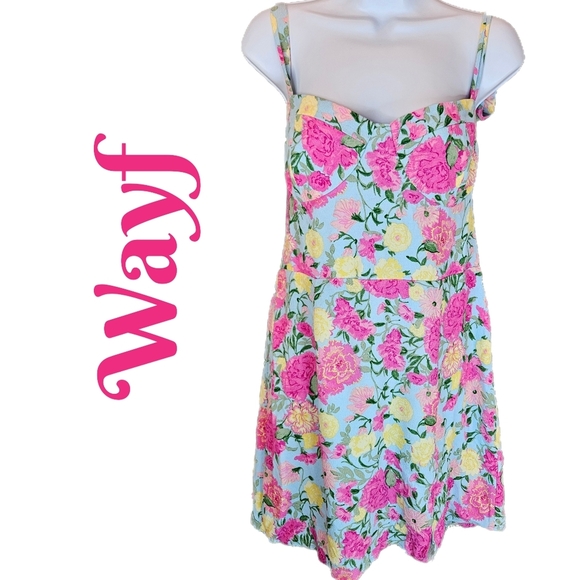 Wayf Womens Minidress Sz L Pink Carnations Tie Straps Adj. Sweetheart Neckline - Picture 1 of 13